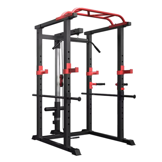 Professional Power Multi Cage with Cable Pulley System - Adjustable Heavy Duty Strength Training Rack - Complete Home Gym Station with Pull-Up Bar & Safety Spotters - Commercial Grade Steel Frame