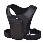 A black running vest with a front pocket for a smartphone and side pockets for keys or energy gels, featuring adjustable straps and a snug fit design.