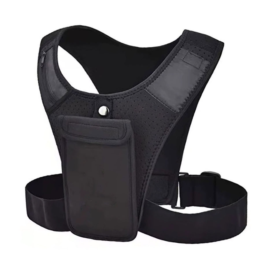 A black running vest with a front pocket for a smartphone and side pockets for keys or energy gels, featuring adjustable straps and a snug fit design.