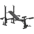 Black weight bench with adjustable components on a white background