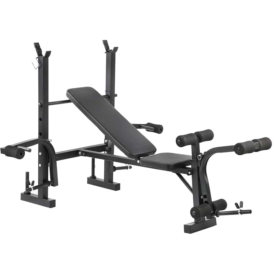 Black weight bench with adjustable components on a white background
