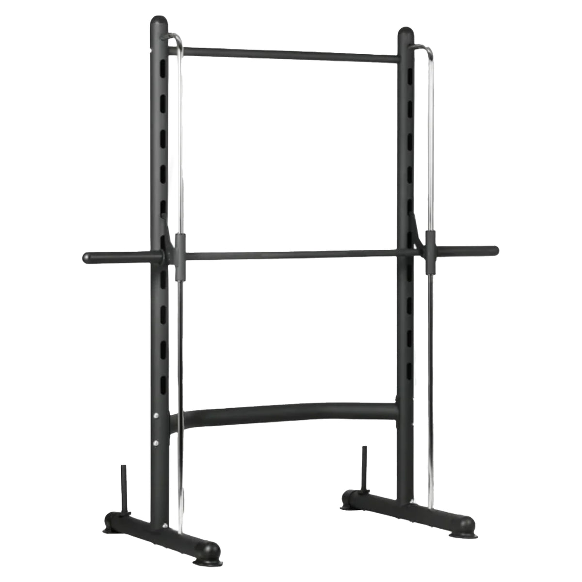 A black Smith Machine Squat Rack with Pull-Up Bar, designed for use in fitness training.