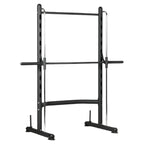 A black Smith Machine Squat Rack with Pull-Up Bar, designed for use in fitness training.