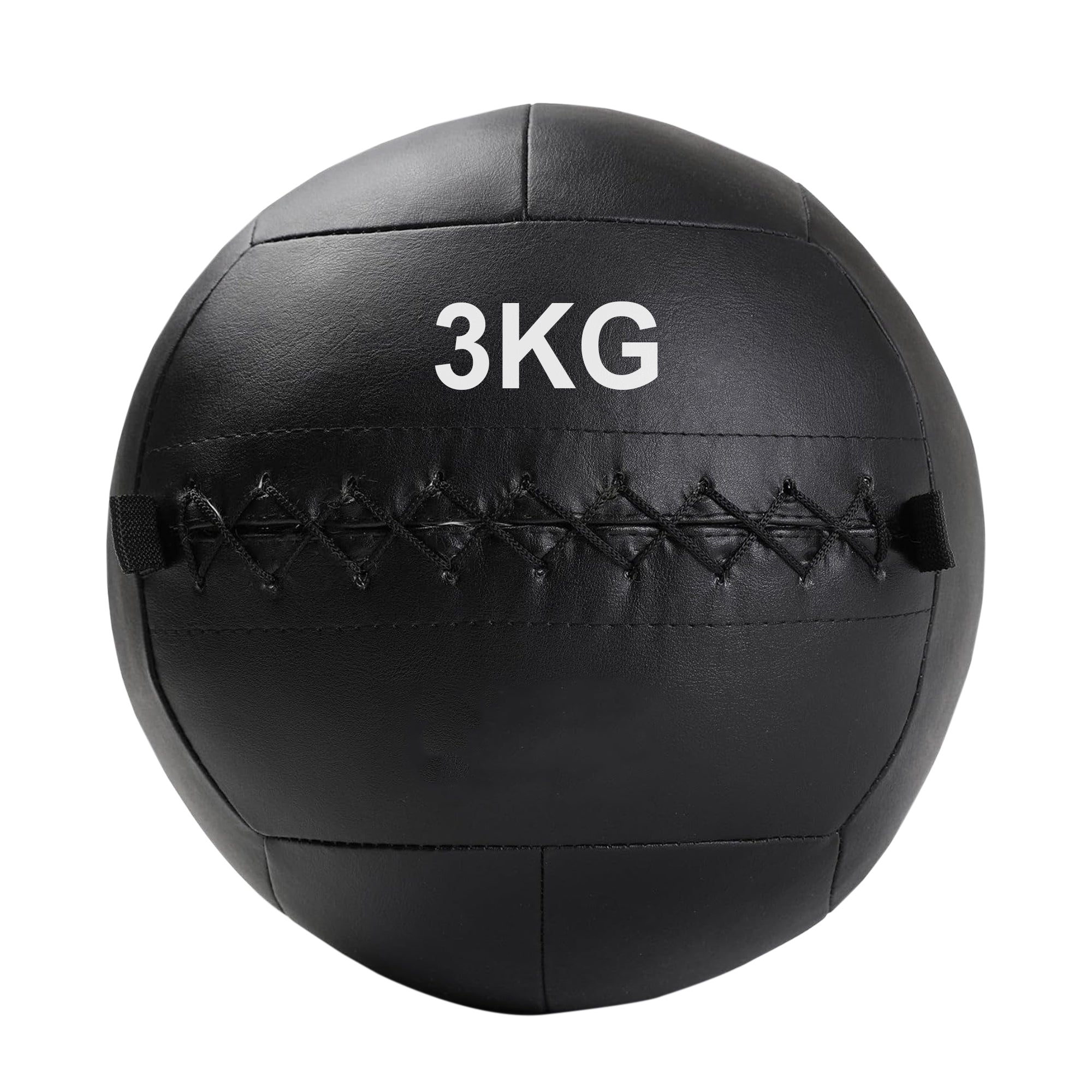 A black, double-stitched, textured wall ball with the weight '3KG' printed on it.