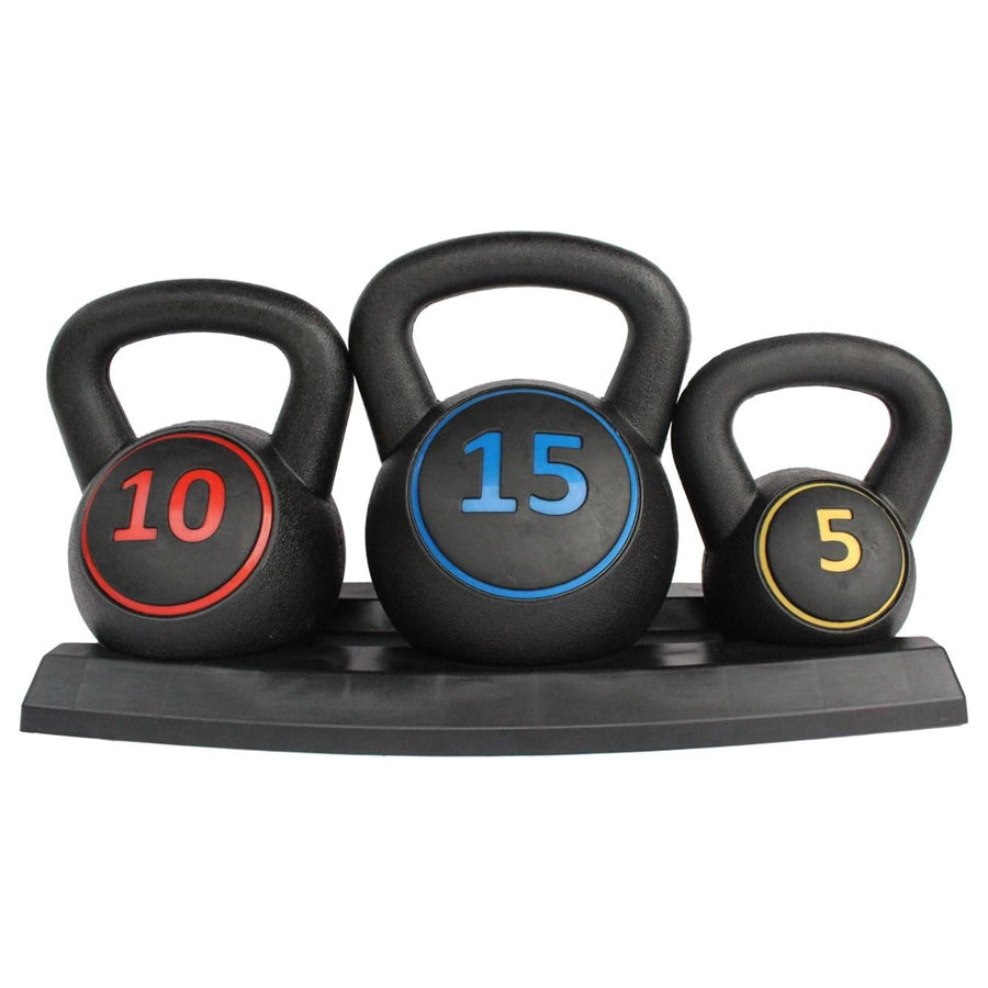 Set of three kettlebells with numbers on a white background