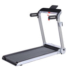 A compact folding treadmill with a cushioned running belt, LED display, and a metallic frame, designed to be space-saving.