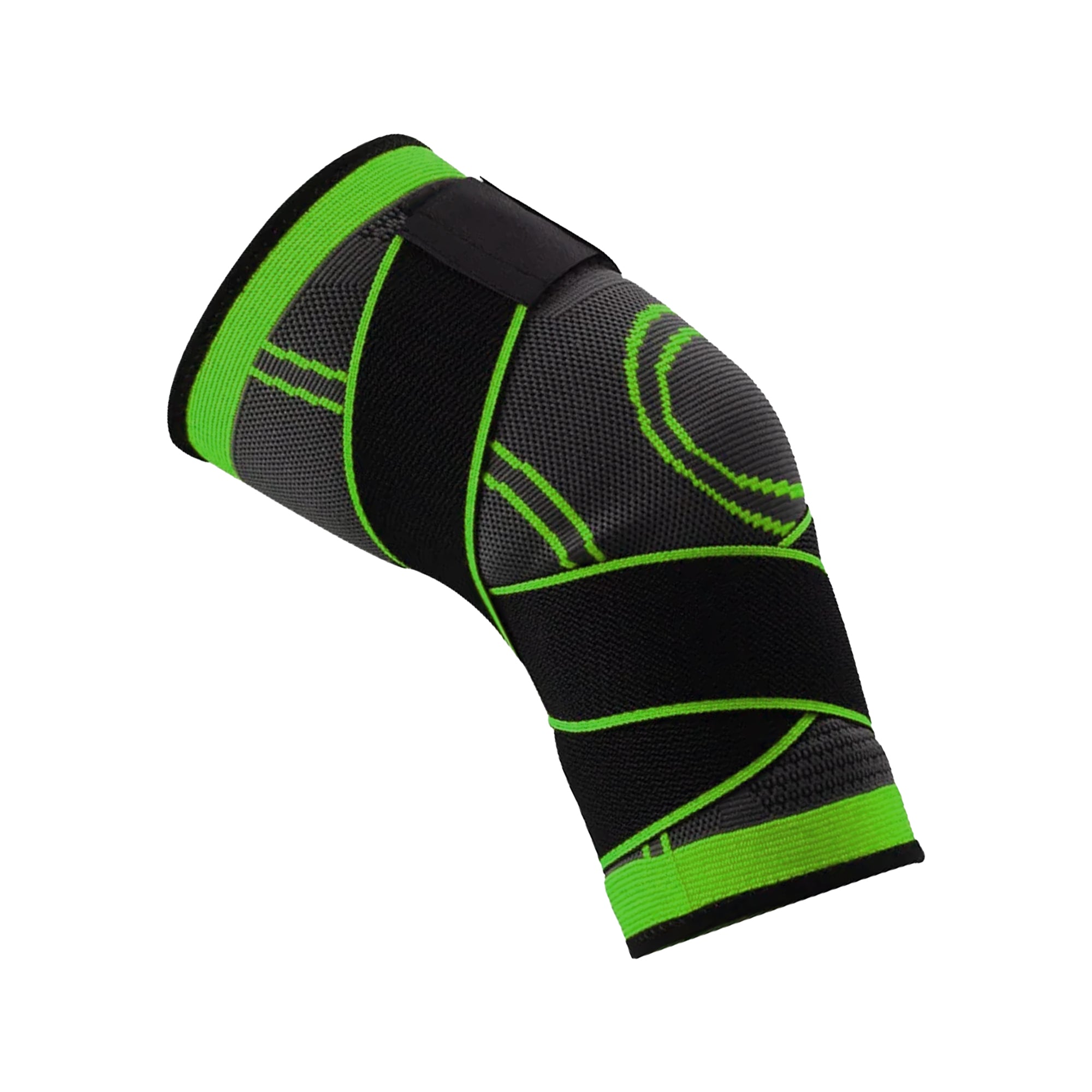 A black and green knee support brace with stabilizing strap and copper infused compression fabric.