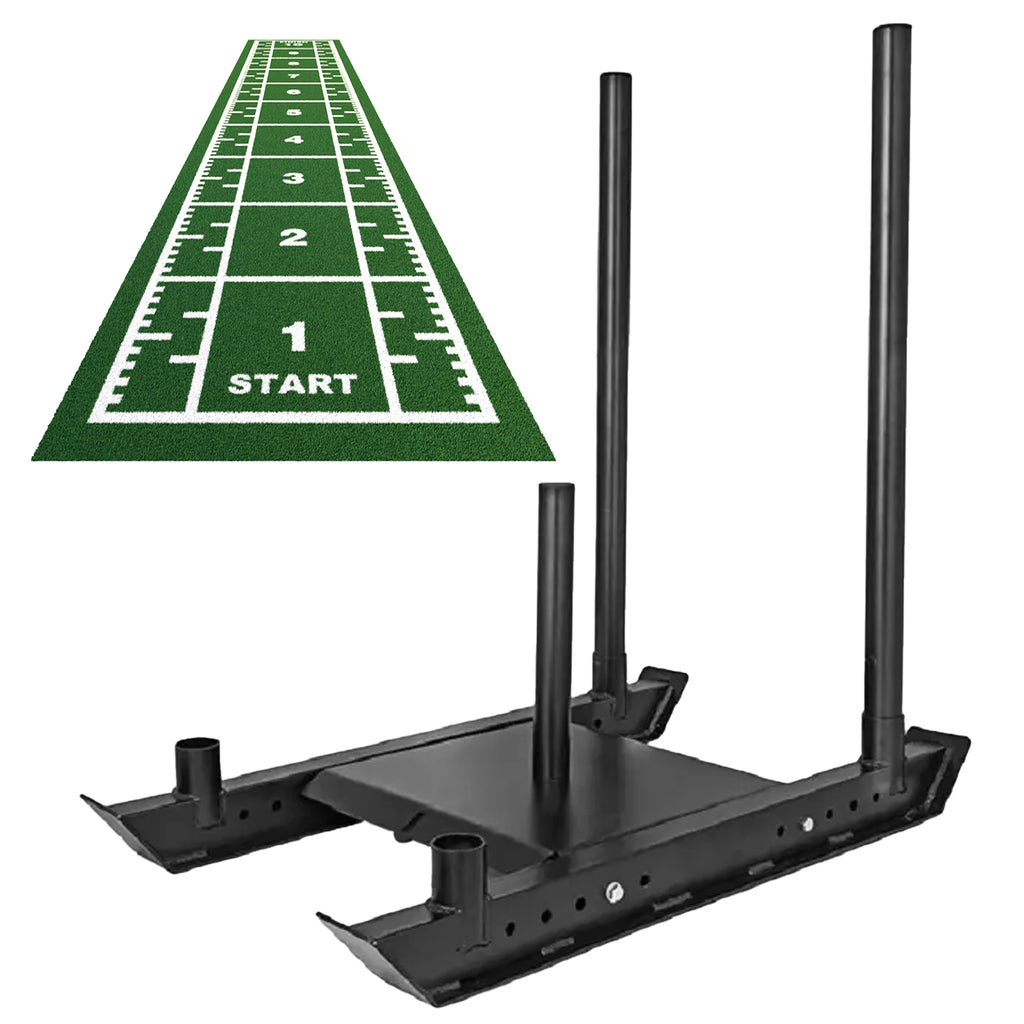 Black archery stand with green target mat on a white background