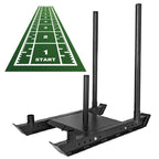 Black archery stand with green target mat on a white background