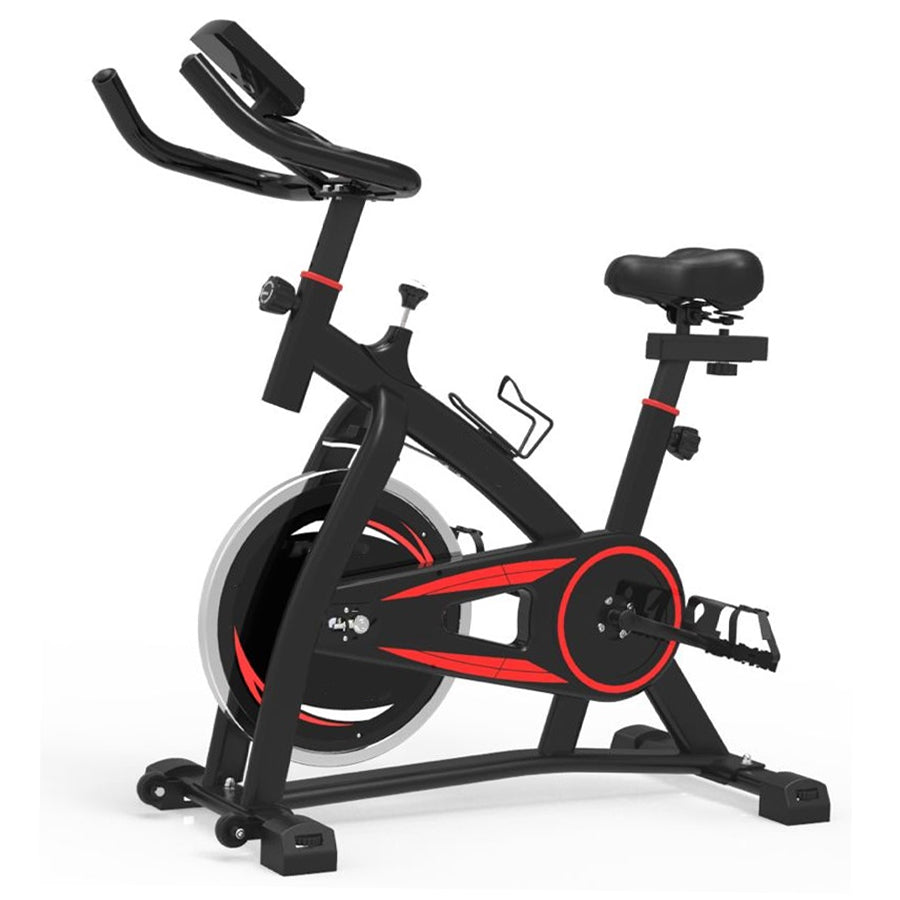 A black and red indoor cycling bike with an LCD display, professional-grade resistance levels, adjustable seat and handlebars, and a tablet holder.