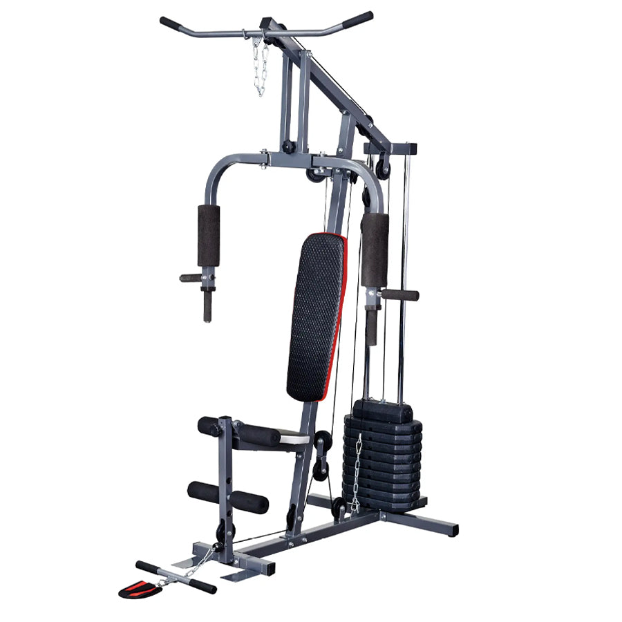 A multi-gym exercise machine with a weight stack, padded seats, and various workout stations for strength training.