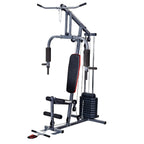A multi-gym exercise machine with a weight stack, padded seats, and various workout stations for strength training.