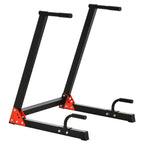 A heavy-duty dip station with a black frame and red accents, designed for upper body strength training in a home gym setting.