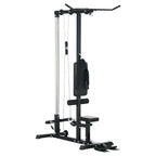 A professional-grade LAT Pulldown Machine with dual pulley system and an adjustable seat. It is primarily black in color with a compact design, featuring padded leg restraints and reinforced frame.