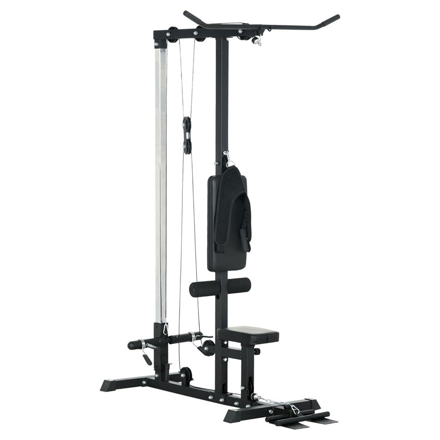 A professional-grade LAT Pulldown Machine with dual pulley system and an adjustable seat. It is primarily black in color with a compact design, featuring padded leg restraints and reinforced frame.