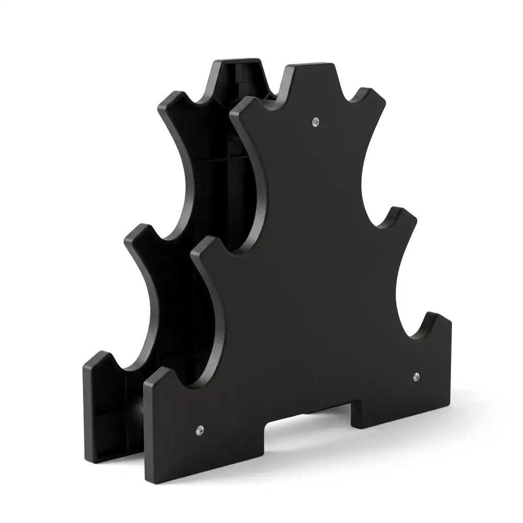 A black wooden wine rack with a tiered, multi-slot design, shown on a clean white background.