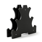 A black wooden wine rack with a tiered, multi-slot design, shown on a clean white background.