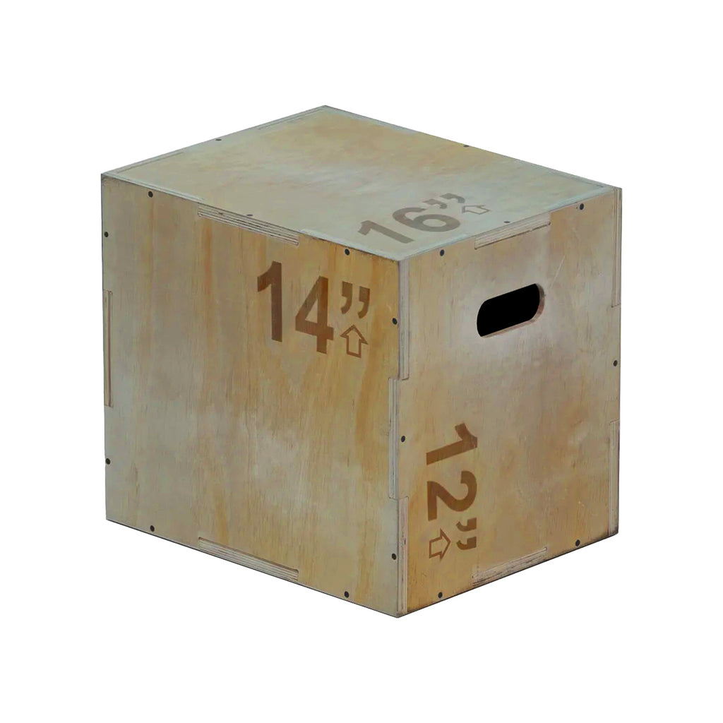 A beige 3-in-1 wooden plyometric jump box with marked heights for box jumps and step-ups.