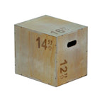 A beige 3-in-1 wooden plyometric jump box with marked heights for box jumps and step-ups.