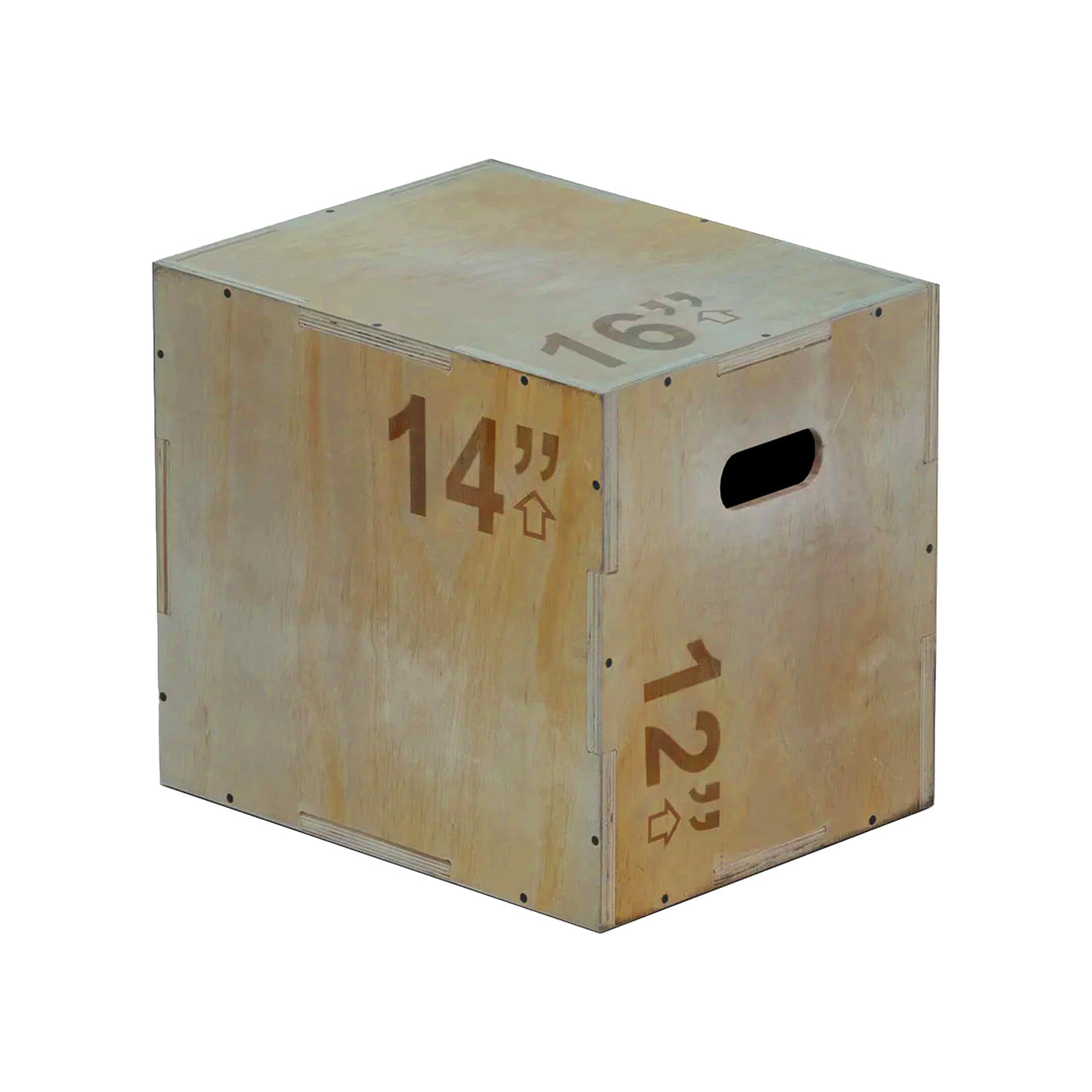 A beige 3-in-1 wooden plyometric jump box with marked heights for box jumps and step-ups.