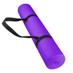 A rolled up purple yoga mat with a black carrying strap.