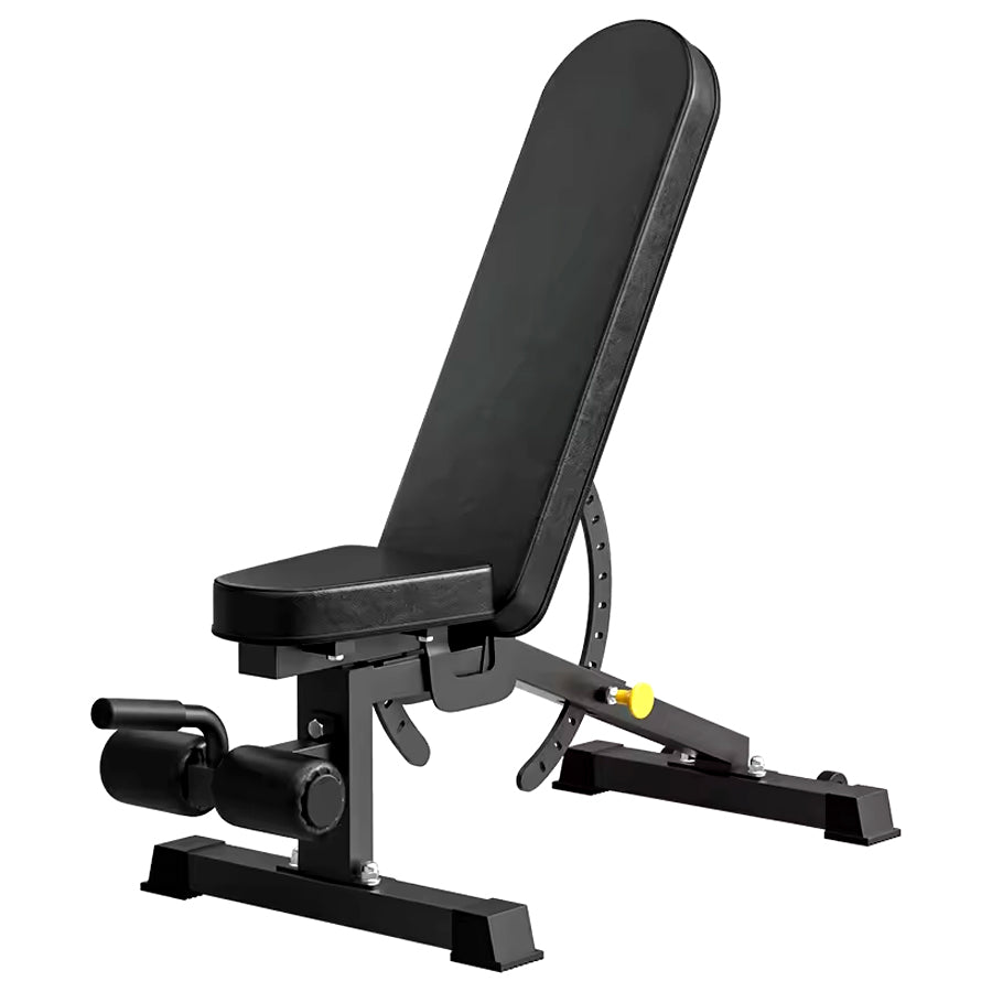 Black adjustable weight bench on a white background