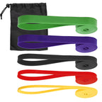 A set of five resistance bands in different colors, including yellow, red, black, purple, and green, displayed with a black carrying pouch.