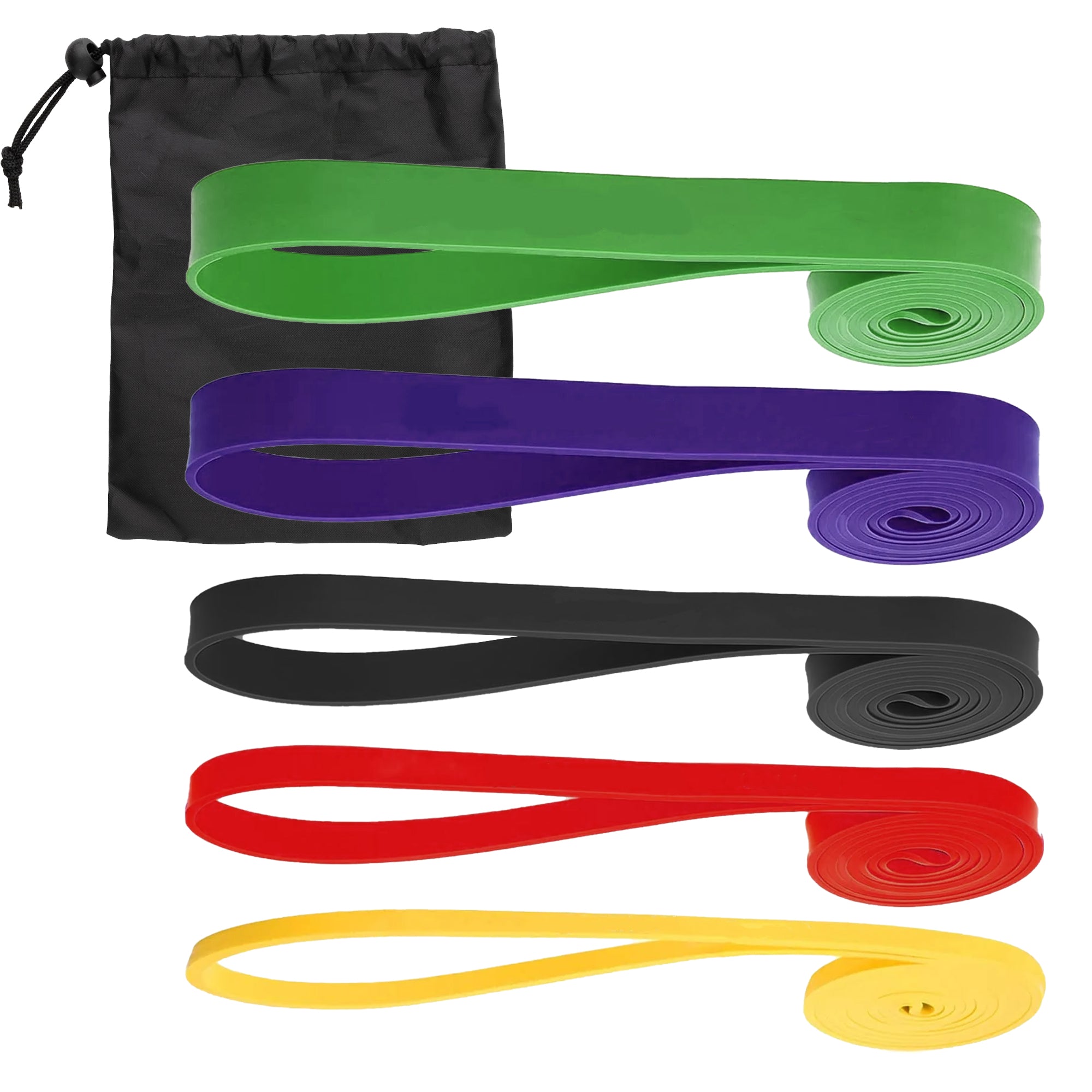 A set of five resistance bands in different colors, including yellow, red, black, purple, and green, displayed with a black carrying pouch.