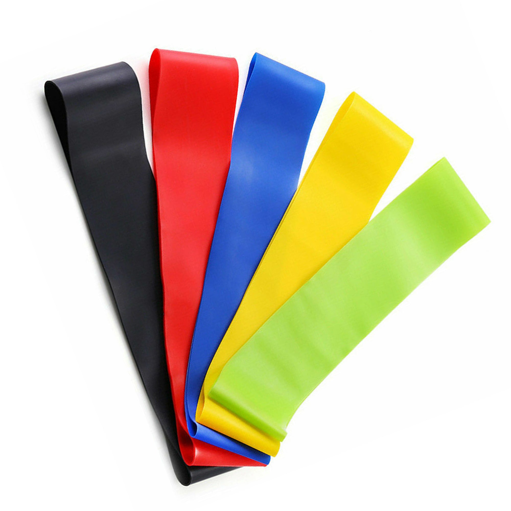 A set of five color-coded resistance bands, arranged from lightest to darkest, including colors blue, green, yellow, red, and black. Each band is made of latex and is designed for fitness and stretching exercises.
