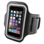 A black sports armband phone holder designed to hold smartphones securely on the arm, featuring an adjustable elastic strap and touchscreen compatibility.