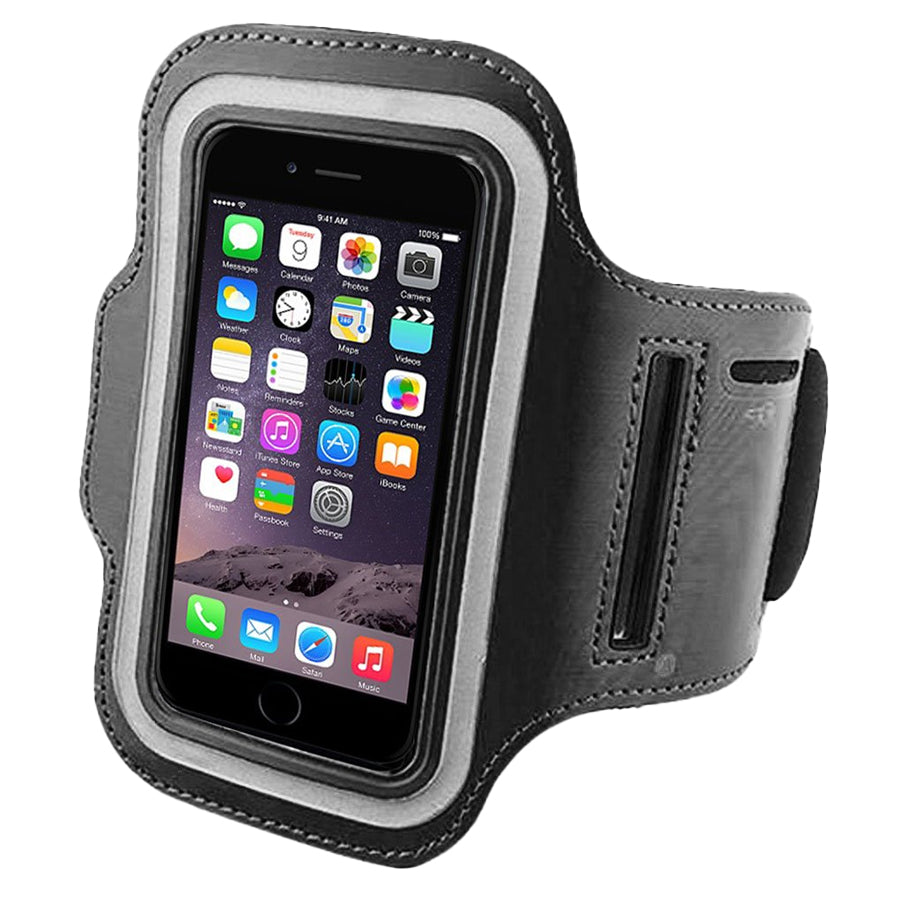 A black sports armband phone holder designed to hold smartphones securely on the arm, featuring an adjustable elastic strap and touchscreen compatibility.
