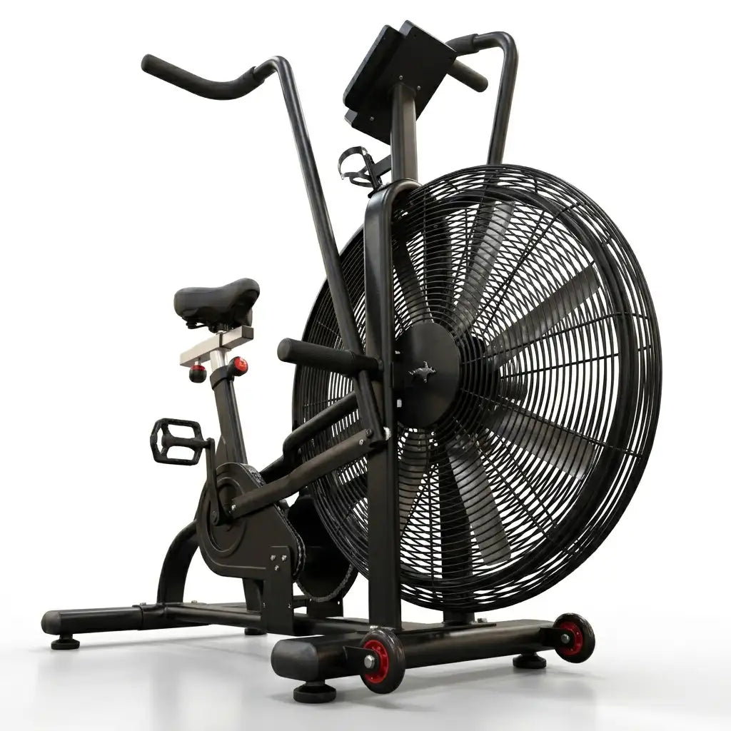 A black indoor exercise aerobike with a large front fan, black seat, handlebars, and pedals, shown on a clean white studio background.