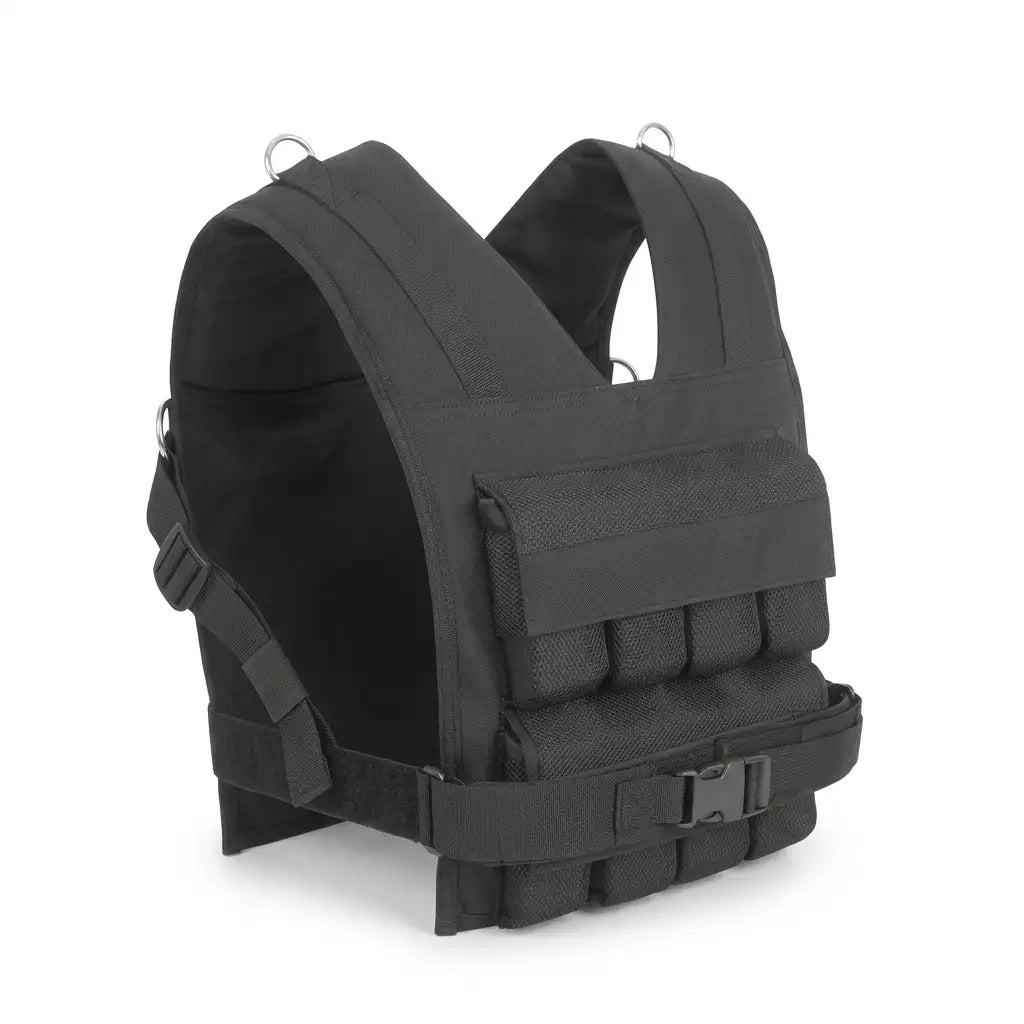 A black tactical plate carrier vest with multiple front utility pouches and adjustable straps, shown on a plain white background.