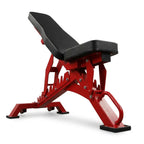 Adjustable weight bench with a red metal frame and black padded seat and backrest, shown on a clean white background.