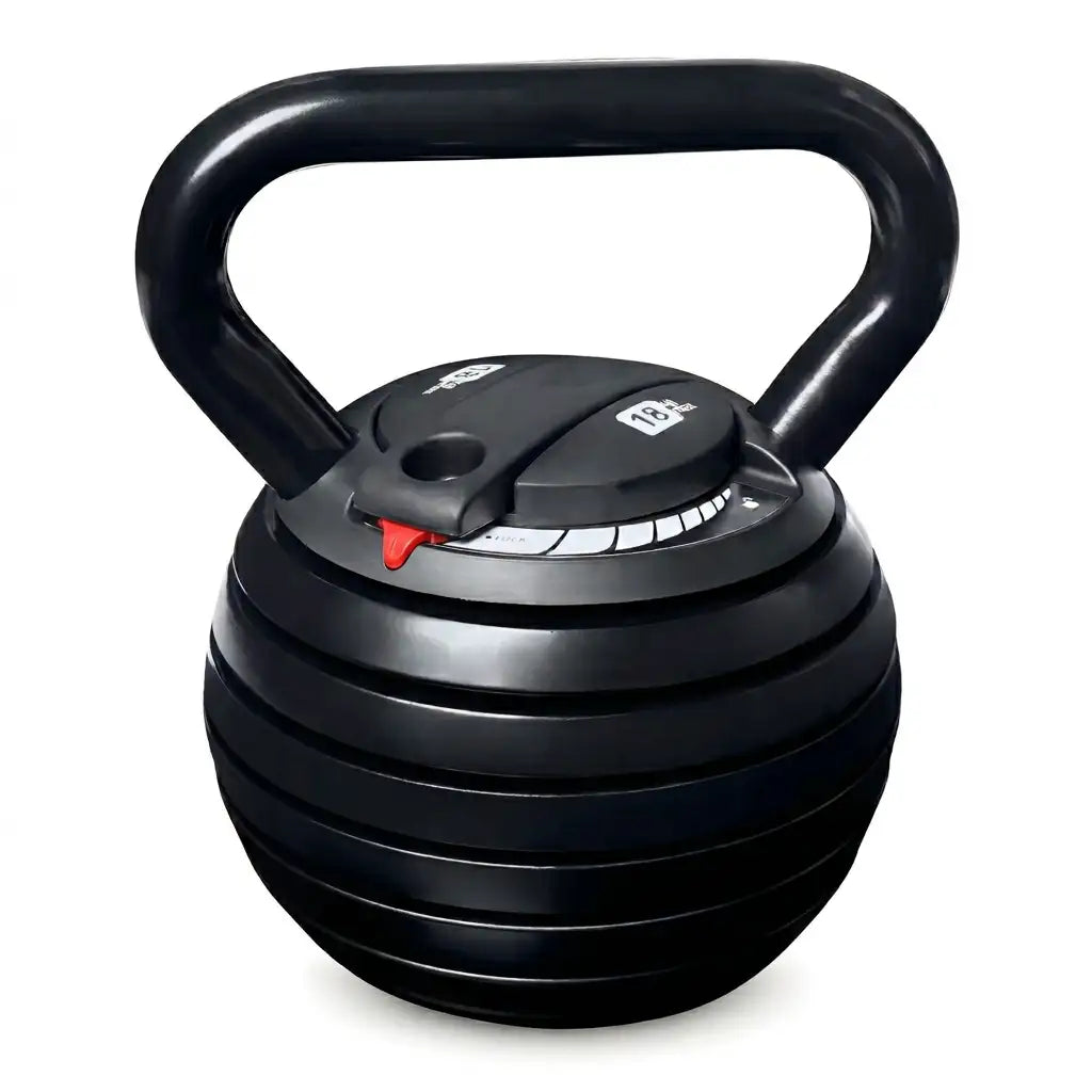 A black adjustable kettlebell with a curved handle and weight-dial lid, shown on a clean white background.