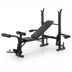 A black multi-functional weight bench gym machine with a leg curl attachment and uprights, shown on a clean white background.