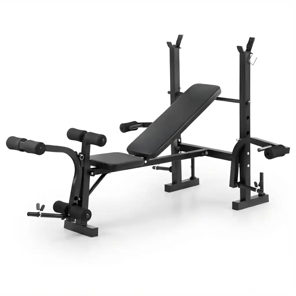 A black multi-functional weight bench gym machine with a leg curl attachment and uprights, shown on a clean white background.