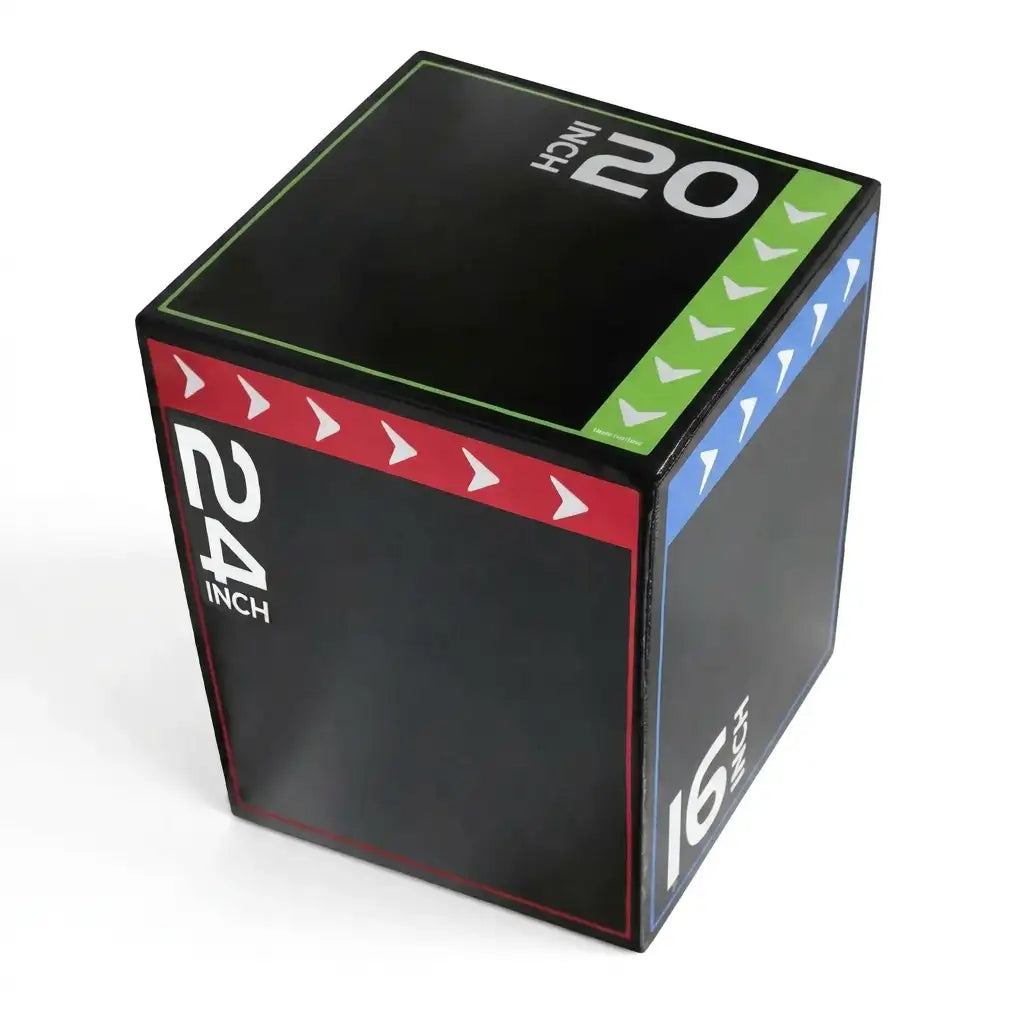 A black plyo box with printed size markings and colored arrow accents on a white background.