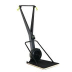 A black rowing machine with a digital display screen, a black flywheel, and a light wood base, shown on a solid white background.