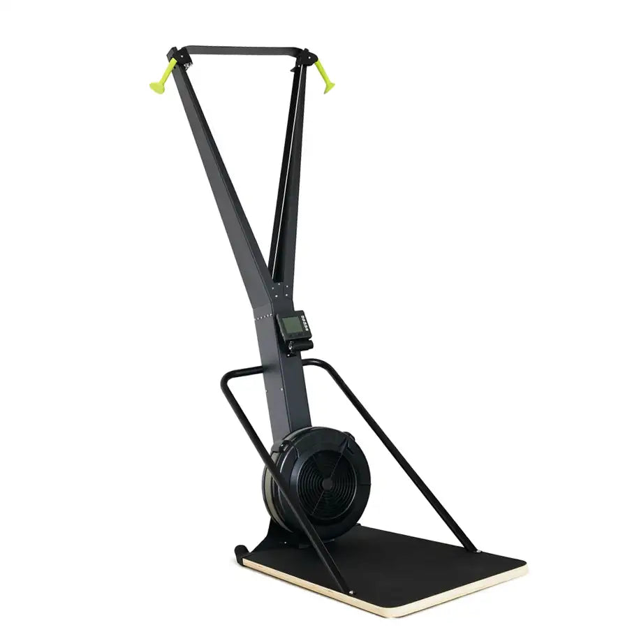 A black rowing machine with a digital display screen, a black flywheel, and a light wood base, shown on a solid white background.