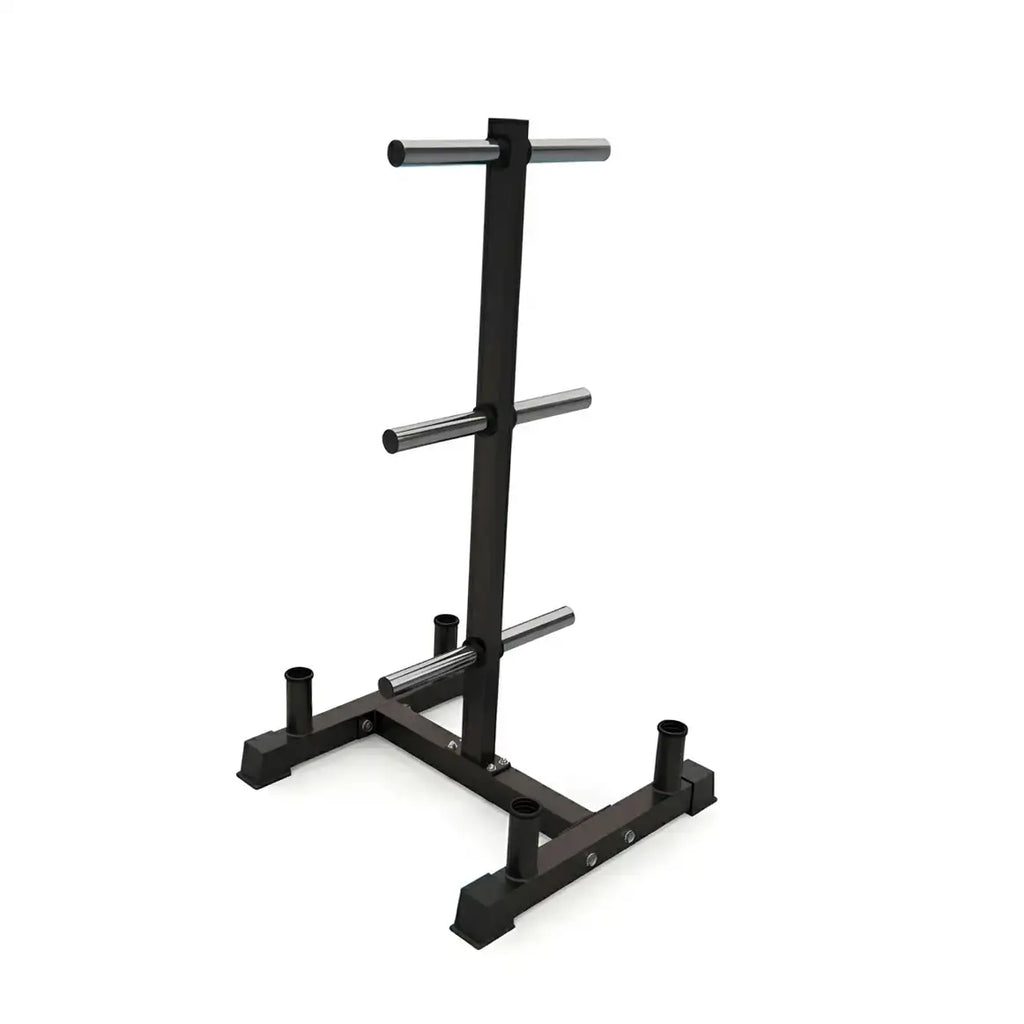 A black steel weight rack stand with three horizontal silver metal bars, shown on a plain white background.