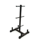 A black steel weight rack stand with three horizontal silver metal bars, shown on a plain white background.