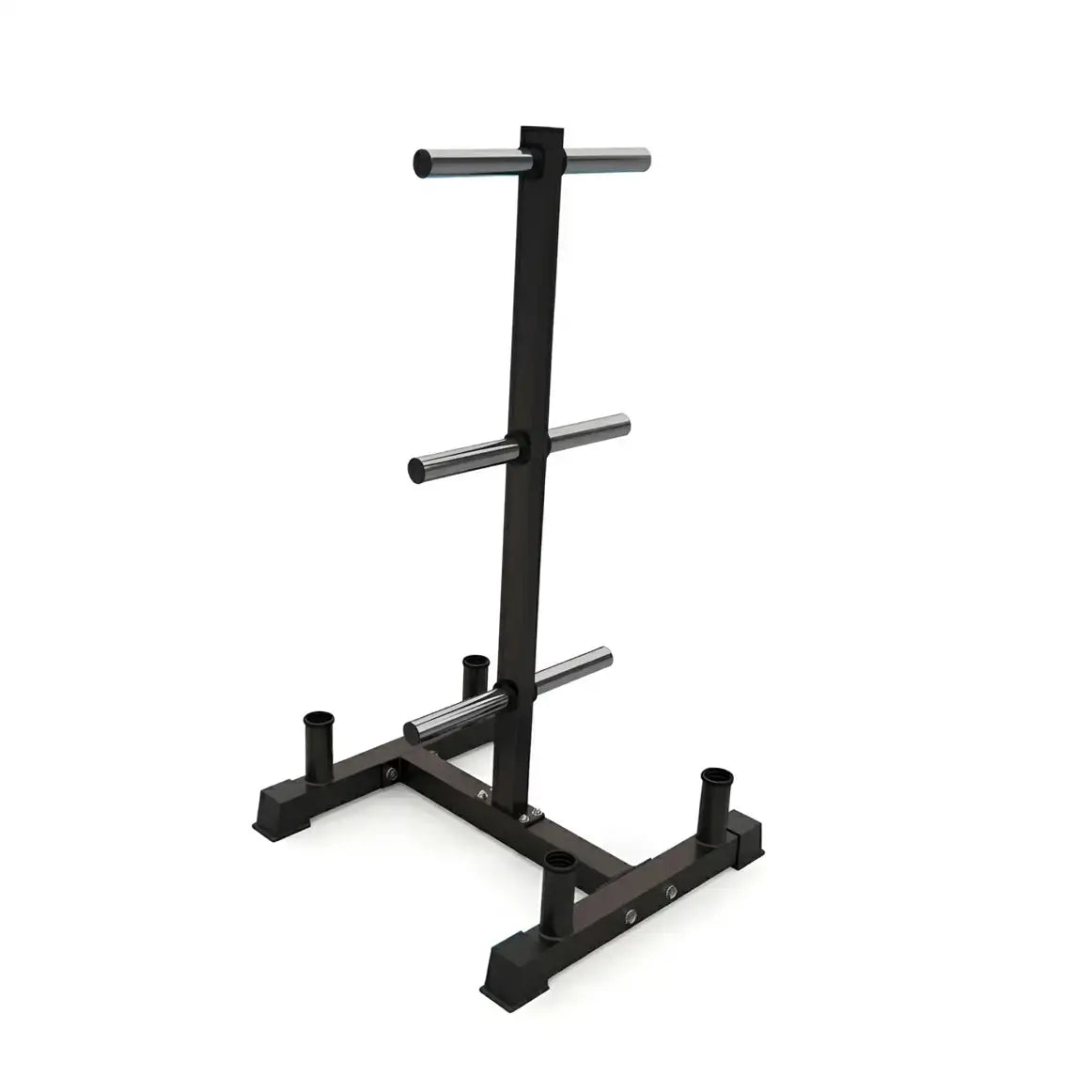 A black steel weight rack stand with three horizontal silver metal bars, shown on a plain white background.