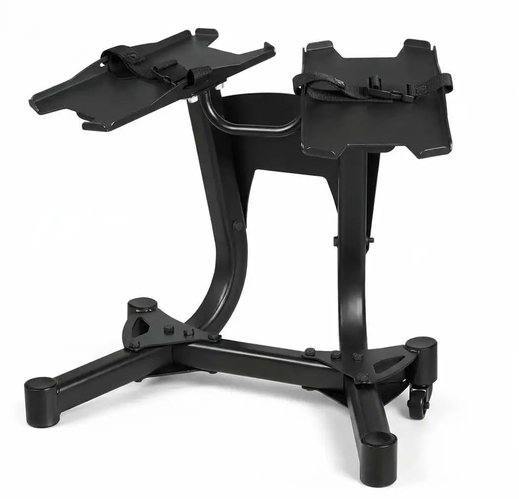 Black plastic mounting stand with two adjustable straps and a three-legged base, shown on a white background.