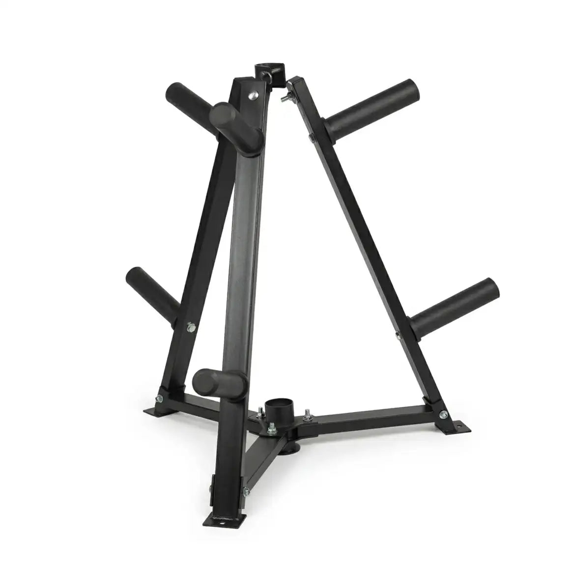 A black metal multi-grip pull-up and leg curl gym stand on a solid white background.