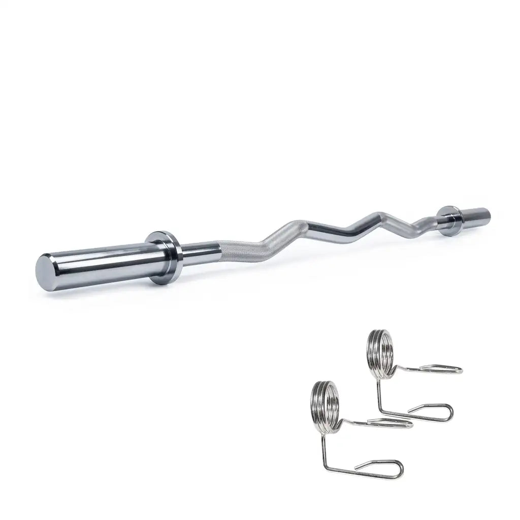 A silver chrome barbell with a bent, zig-zag design, shown with two metal spring collars on a plain white background.