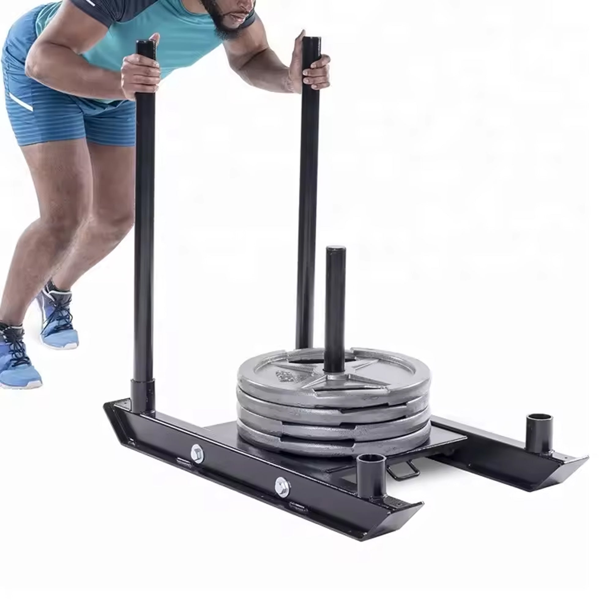 Person using a weightlifting platform with weight plates on a white background