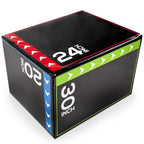 A 3-in-1 soft plyometric jump box with non-slip surface, marked with measurements for 20 inch, 24 inch, and 30 inch heights on the sides.