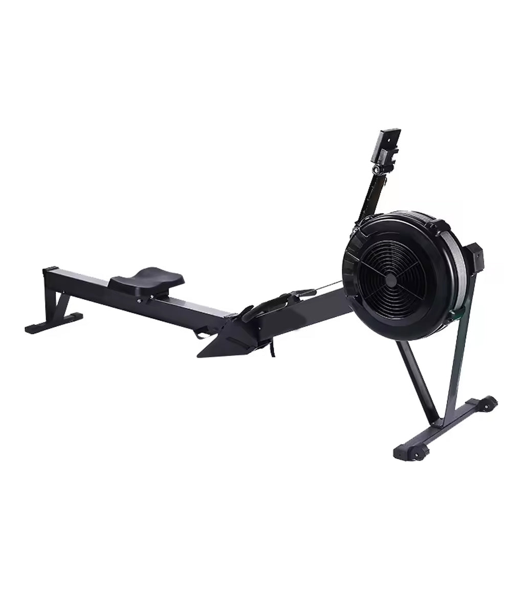 Black rowing machine on a white background