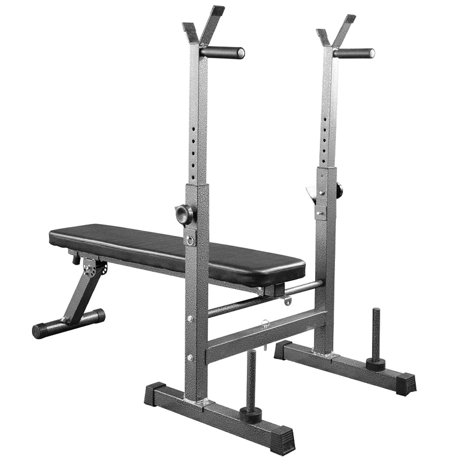 Weight bench with adjustable seat and barbell stands on a white background